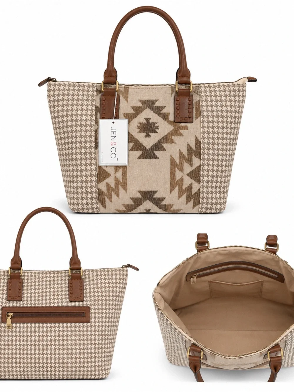 Jen & Co. Southwestern Houndstooth Tote Bag NWT Neutral Brown Beige